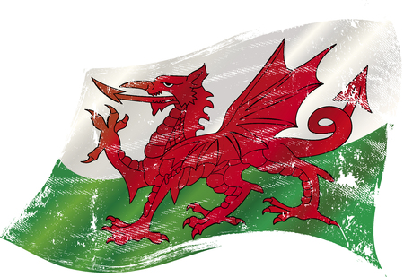 A grunge flag of Wales with the red dragon in the wind for youのイラスト素材