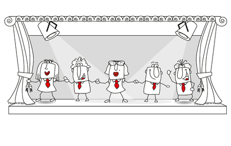 A team of businessmen and businesswomen is on a stage. It is a metaphor. it is a new role for this group in their companyのイラスト素材
