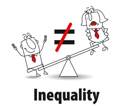 Karen and Joe are on a weighing machine. It is a metaphor of gender inequalities in the societyのイラスト素材
