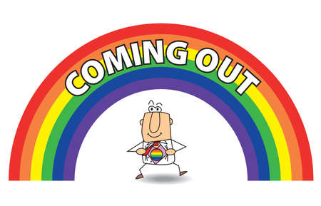 This man introducing himself to his family and friends. He says that he is gay. he rips his shirt and we can see a rainbow sign on his T-shirtのイラスト素材