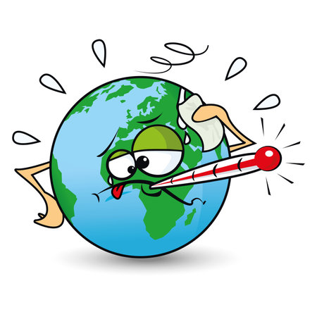 Illustration of earth with a pack of ice on the head and a thermometer in the mouth. It is a metaphor of the global warningのイラスト素材