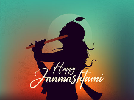 Happy Janmashtami text with Lord Krishna playing flute vector illustrationのイラスト素材