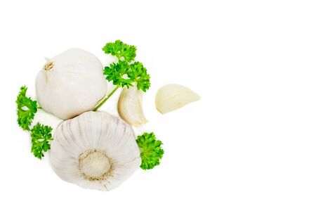 garlics and parsley isolated on white backgroundの写真素材