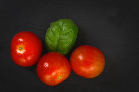 Organics Tomatoes and basil leaves on black slate plate boardの写真素材