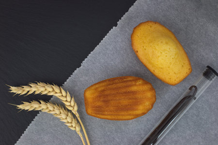 Fresh bake mini cake madeleines icing sugar on top on black slate plate