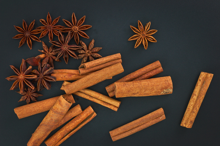 Sense of Spices cinnamon and star anise on black background with copy spaceの写真素材