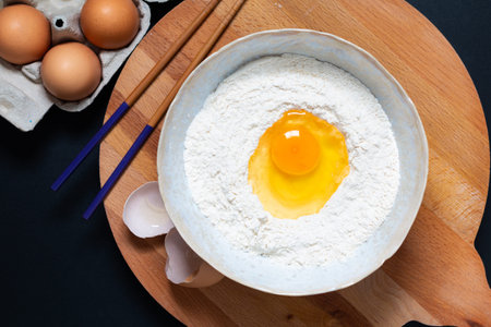 Food preparation for homemade dough for pasta or Chinese egg noodles by organic eggs and all purpose...
