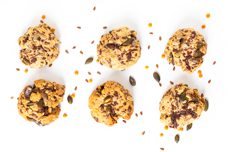 Healthy food concept Homemade Trail Mix organic Whole grains Energy cookies on white background with copy spaceの写真素材