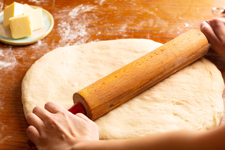 Food bakery concept making bread dought for Cinnamon Roll Braided Bread with copy spaceの写真素材
