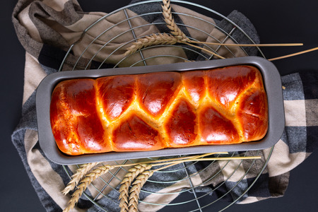 Food bakery concept Fresh baked brioche Braided Bread loaf with copy spaceの写真素材