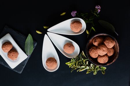Healthy food concept Homemade orgain Chocolate truffle on black background with copy spaceの写真素材
