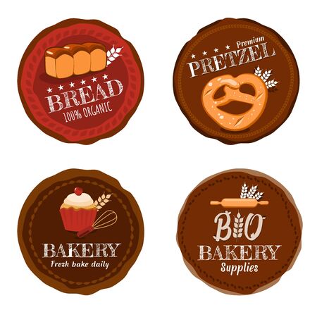 Vector Set of 4 Organic Product or food bread, pretzel, bakery and bakey supplies shop logo badge in eath tone on white backgroundのイラスト素材