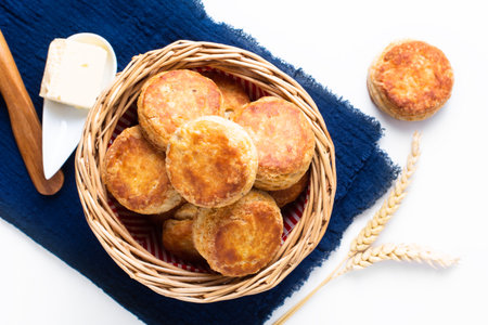Food concept Homemade browned crust butter milk American biscuits or Scones with copy space