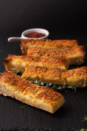 Food appetizer ideas for party concept homemade organic garlic bread stick on black slate board with...
