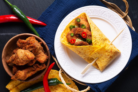 Food concept spicy Fried Chicken Tortilla Wrap with chopped chilies on black slate stone background with copy spaceの写真素材
