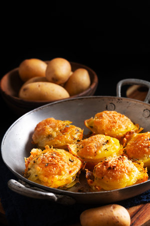Food concept Homemade Gratin potatoes stack on black background with copy spaceの写真素材