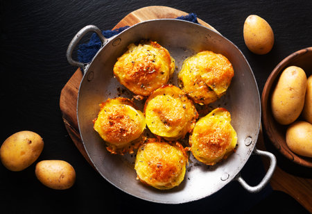 Food concept Homemade Gratin potatoes stack on black background with copy spaceの写真素材