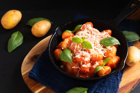 Food concept spot focus homemade gnocchi rosso sauce in skillet iron pan on black background with copy spaceの写真素材