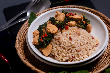 Thai food concept Khao pad krapao, kapow kai Authentic Thai Basil Chicken and riceの写真素材