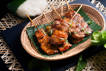 Thai street food concept Moo ping, Mu Ping, Thai-style grilled bbq pork skewers with rice stick on black background with copy spaceの写真素材