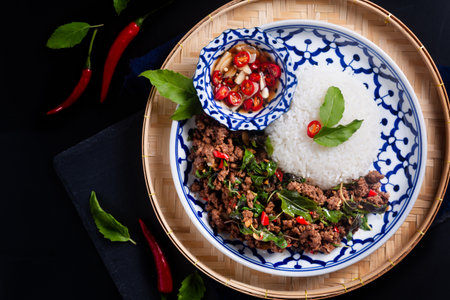 Food concept Thai authentic Khao Pad kra pao rice with Thai Holy Basil beef  Stir-Fry on black background with copy spaceの写真素材