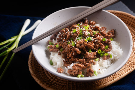 Food concept Korean  ground beef bowl on black background with copy spaceの写真素材