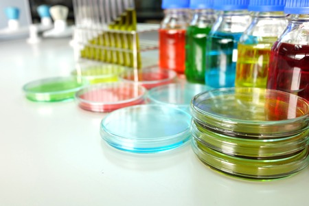 Colorful fluid in petridish and test tube for laboratory use on table laboratoryの写真素材