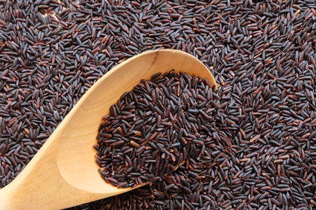 purple rice on wooden spoon with purple rice backgroundの写真素材