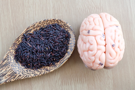 brain and purple rice on wooden background with healthy conceptの写真素材