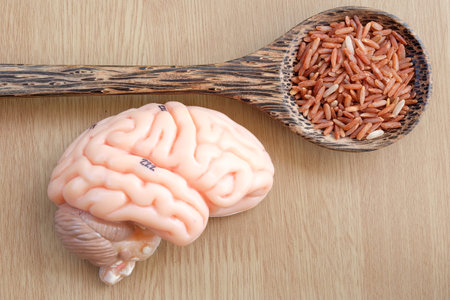 brain and red rice on wooden background with healthy concept