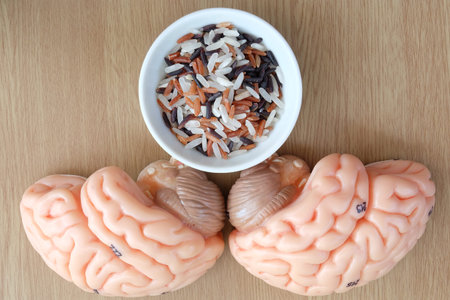 brain and mix of rice on wooden background with healthy concept