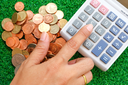coin and calculator on green grass background with business conceptの写真素材