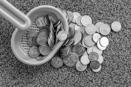 coin on plastic spoon with black and white colorの写真素材