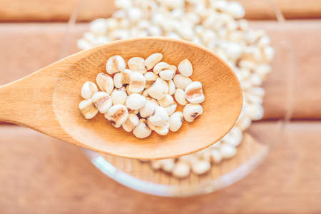 Job's tears on wooden background with vintage colorの写真素材