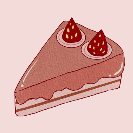 Illustration of a piece of cake with strawberries on a pink backgroundの写真素材