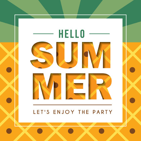 Summer template design. Summer in paper cut style with white square frame on pineapple background. Vector illustration.のイラスト素材