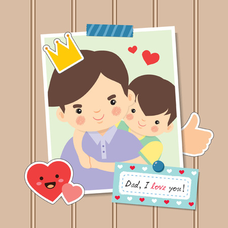 Happy Father's Day. Photo of cartoon father and son hugging together. Photo frame decorated with stickers and memo written " Dad, I love you!" on brown wooden wall. Vector illustration.のイラスト素材