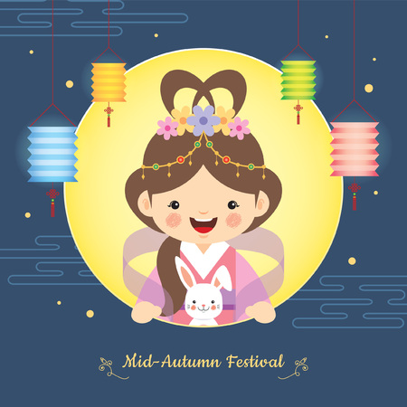Mid Autumn Festival Illustration Of Cute Chang E Moon Goddess And Bunny With Full Moon And Lanterns On Starry Night Background Vector Cartoon Character Tasmeemme Com