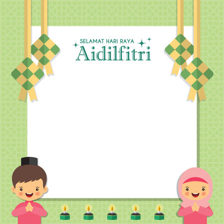Hari Raya Notepaper Or Message Board With Muslim Kids Ketupat