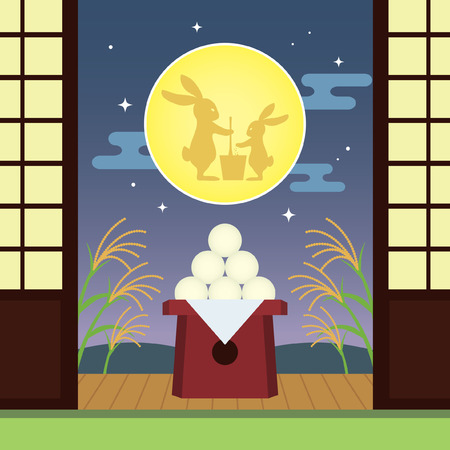 Tsukimi or Otsukimi - Japan Moon viewing or Moon festival. Otsukimi dango, bunny and susuki grass. Japanese festival illustration.のイラスト素材