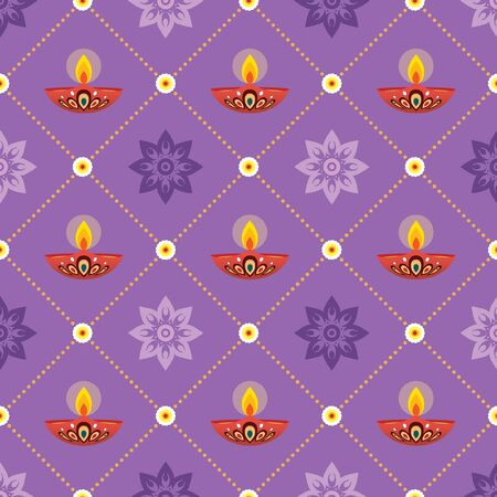 Diwali / Deepavali theme pattern. Diya (india oil lamp) and floral pattern on purple background. Vector illustration.のイラスト素材