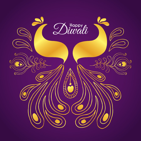 Diwali / Deepavali greetings of hand drawn golden peacock. Abstract doodle peacock. Vector illustration.のイラスト素材