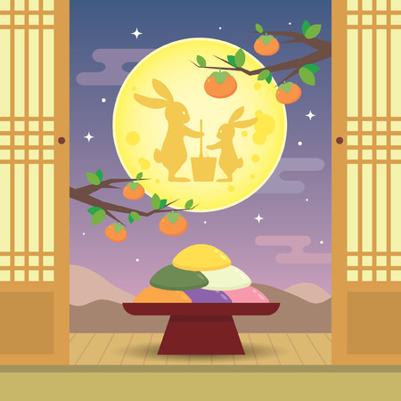 Chuseok or Hangawi - Korean Thanksgiving Day. Korean rice cake (songpyeon) with rabbits and beautiful night view. Korea vector illustration.のイラスト素材