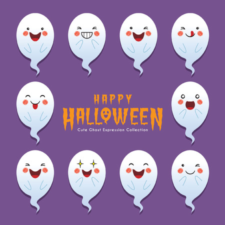 Set of cute ghost with different face expression in flat design. Halloween design element.のイラスト素材