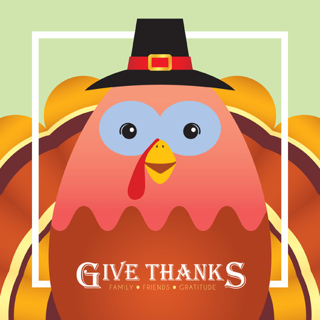 Happy Thanksgiving or Give thanks. Cute cartoon thanksgiving turkey with white frame.のイラスト素材