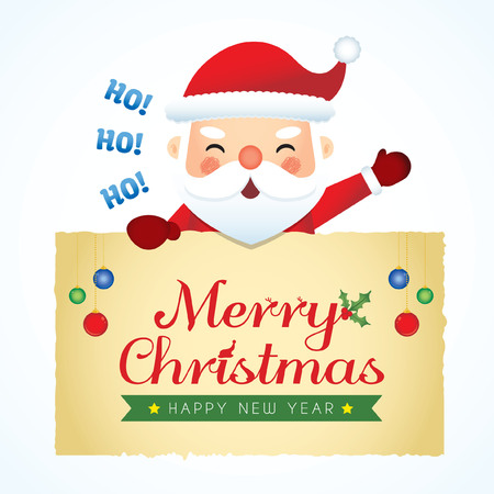 Cute cartoon santa claus holding paper with christmas greeting and graphic element isolated on white background. Christams template design. Vector illustration.のイラスト素材