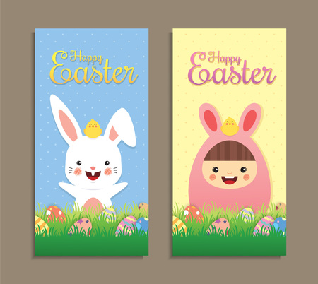 Easter banner template design. Cartoon rabbit, kid wearing bunny costume and baby chick with colorful easter eggs on the meadow.のイラスト素材