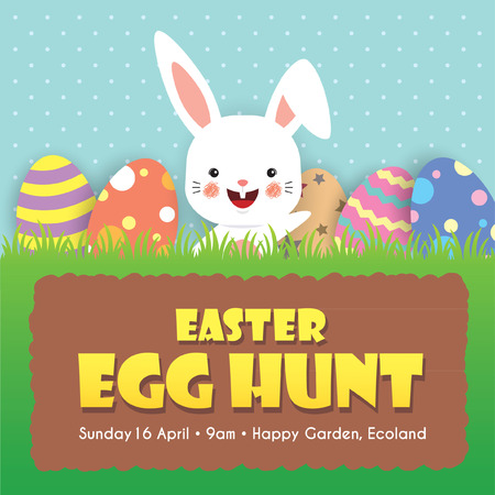 Easter egg hunt invitation template design. Cute cartoon rabbit and colorful easter eggs on meadow.のイラスト素材