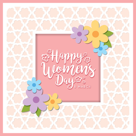 Happy Women's Day greeting card with lettering and flowers on pink die cut background. 8 march vector Illustration.のイラスト素材