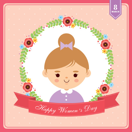 8 march. Happy Women's Day. Cartoon woman with flower wreath and ribbon in flat design style on pink polka dot background. Vector illustration.のイラスト素材
